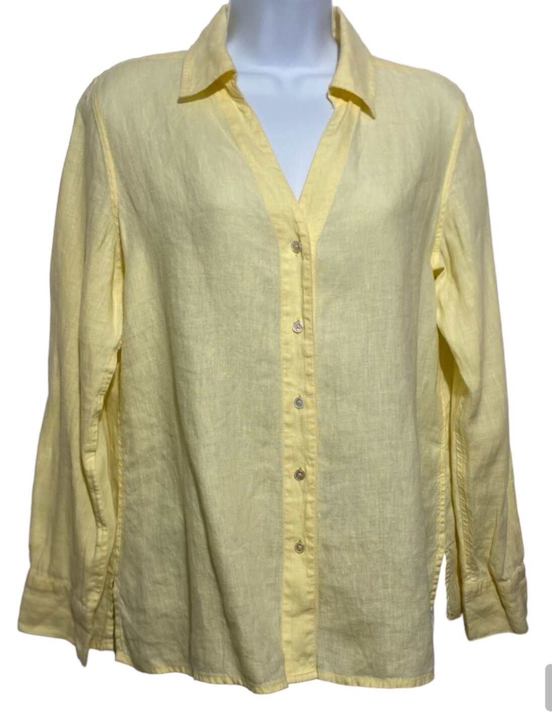 Talbots Petites Shirt Women Size 12P Yellow Pure Irish Linen Split V Button Up