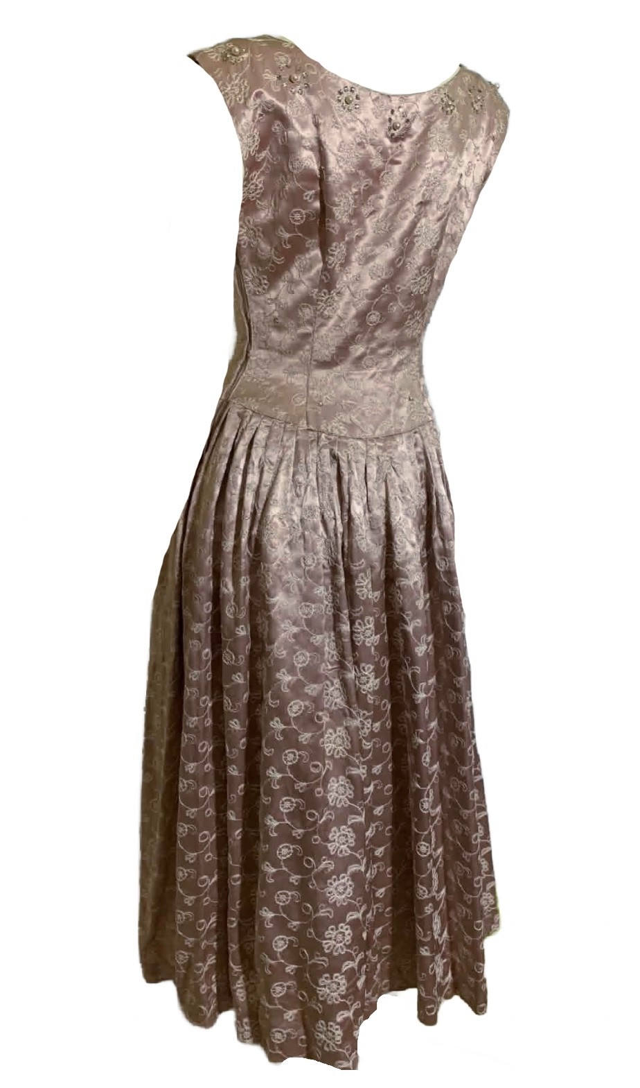 True Vintage 1950s Pale Pink Embroidered Satin Party Dress Rhinestones Pearls