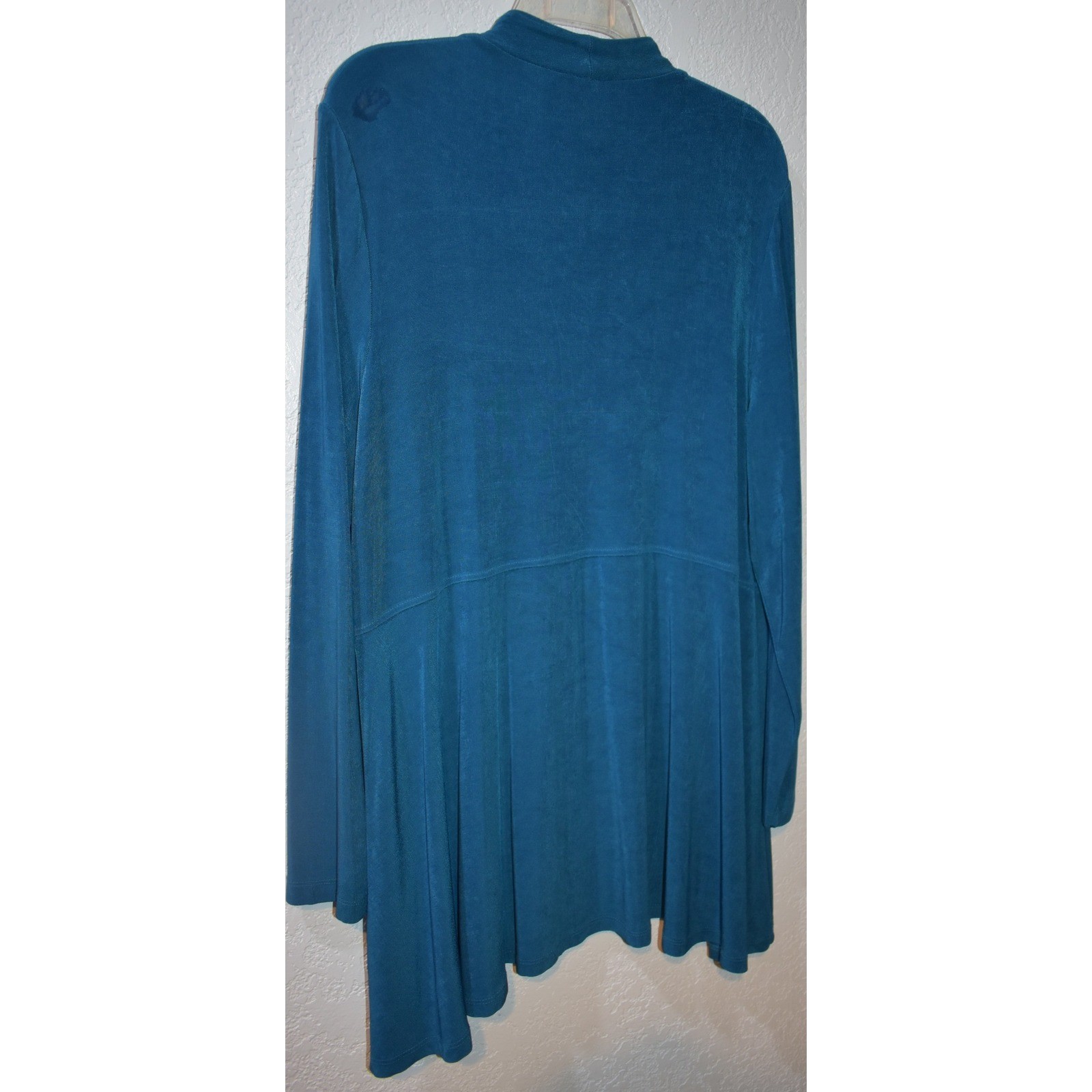 Chicos Travelers Teal Blue Open Front Slinky Knit Cardigan Jacket Size 3 XL