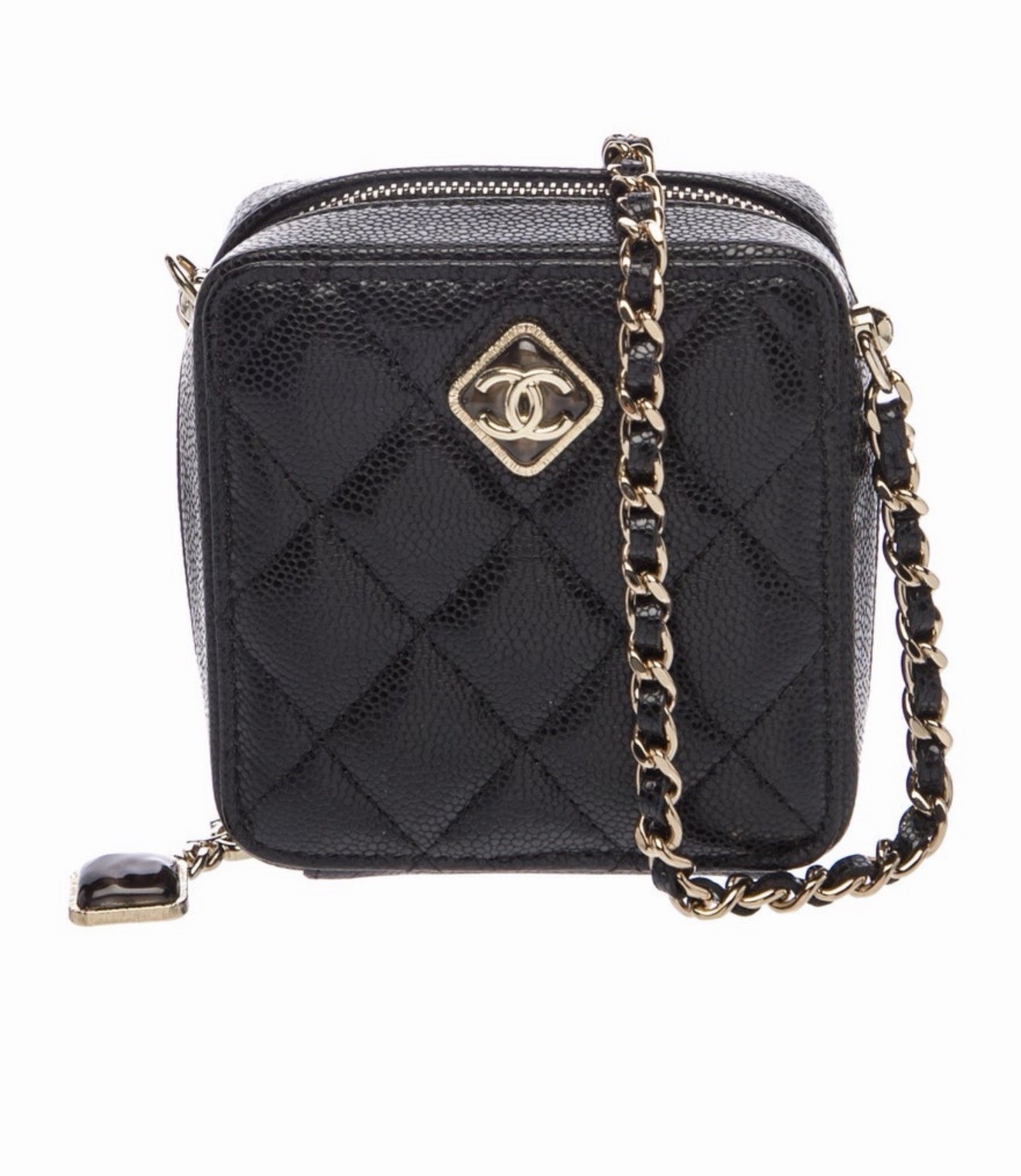 Auth CHANEL Black Quilted Mini Square Zip Crossbody Bag with Gold Chain Strap