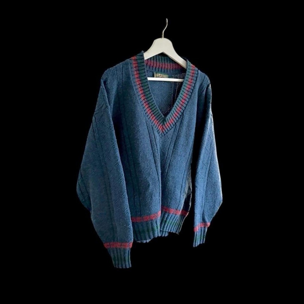 Vintage 80’s American Eagle Wool V Neck Varsity Sweater Large Wool Nylon Blue