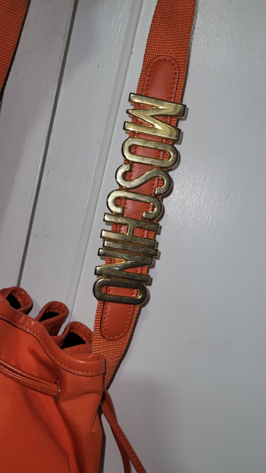 Moschino Redwall 1990s Orange Bucket, Gold Moschino Logo Strap, Leather Trim