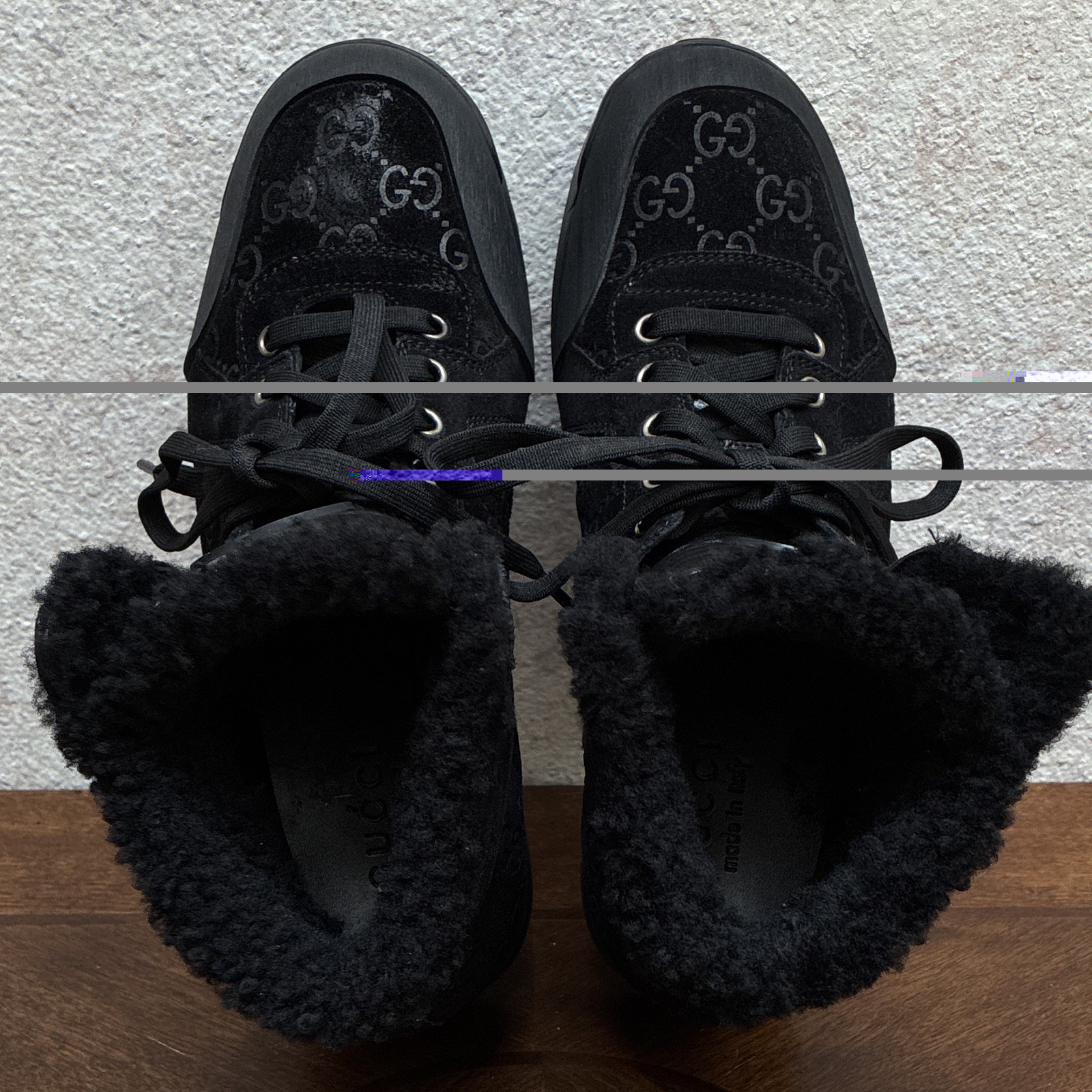 Gucci Men’s Black Suede Ankle Hiker Boots Lined Lace-Up Logo Fur Trim