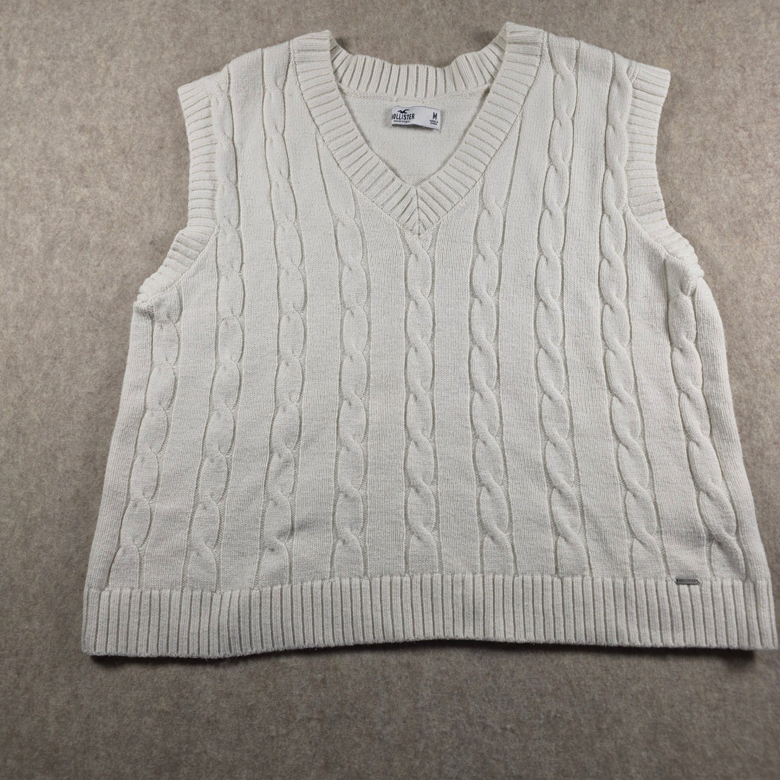 Hollister Cream White Cable Knit Sweater Vest V-Neck Sleeveless Pullover Mens M