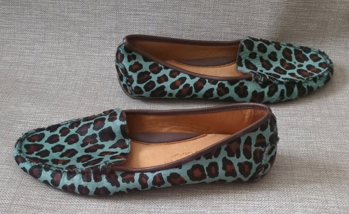 Patricia Green Jillian Driving Moccasin Teal Leopard Calf Hair Size 9.5W NEW