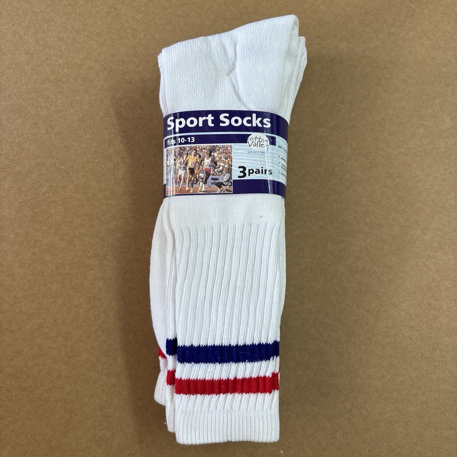 3 Pair Red White Blue Sport Tube Socks Vintage