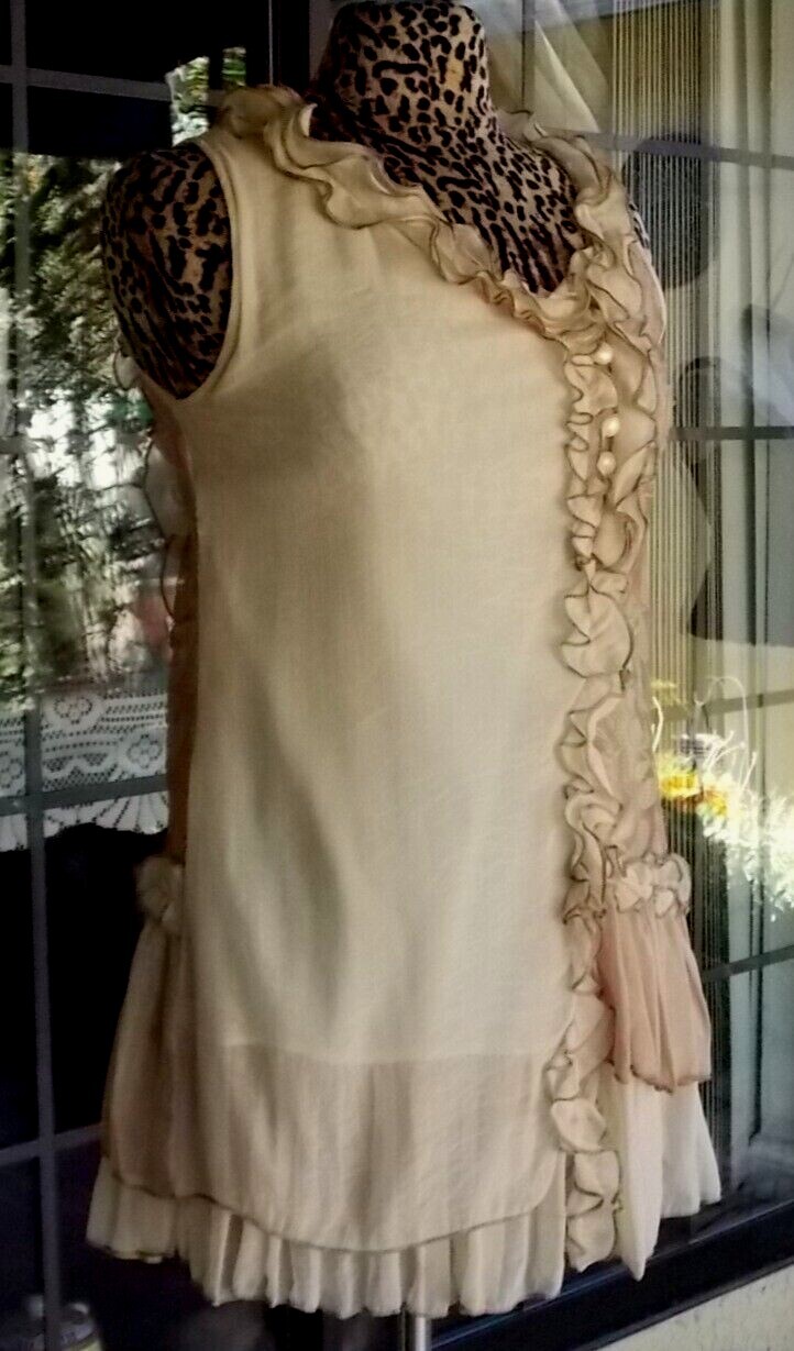 New Sleeveless Lined Lacy Ruffle Trim Silkblend Pretty Angel Tunic Shirt Sz. S