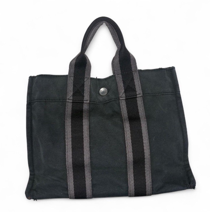 Authentic HERMES Fourre Tout Black Canvas Tote Gray Handle Handbag 03E03605017