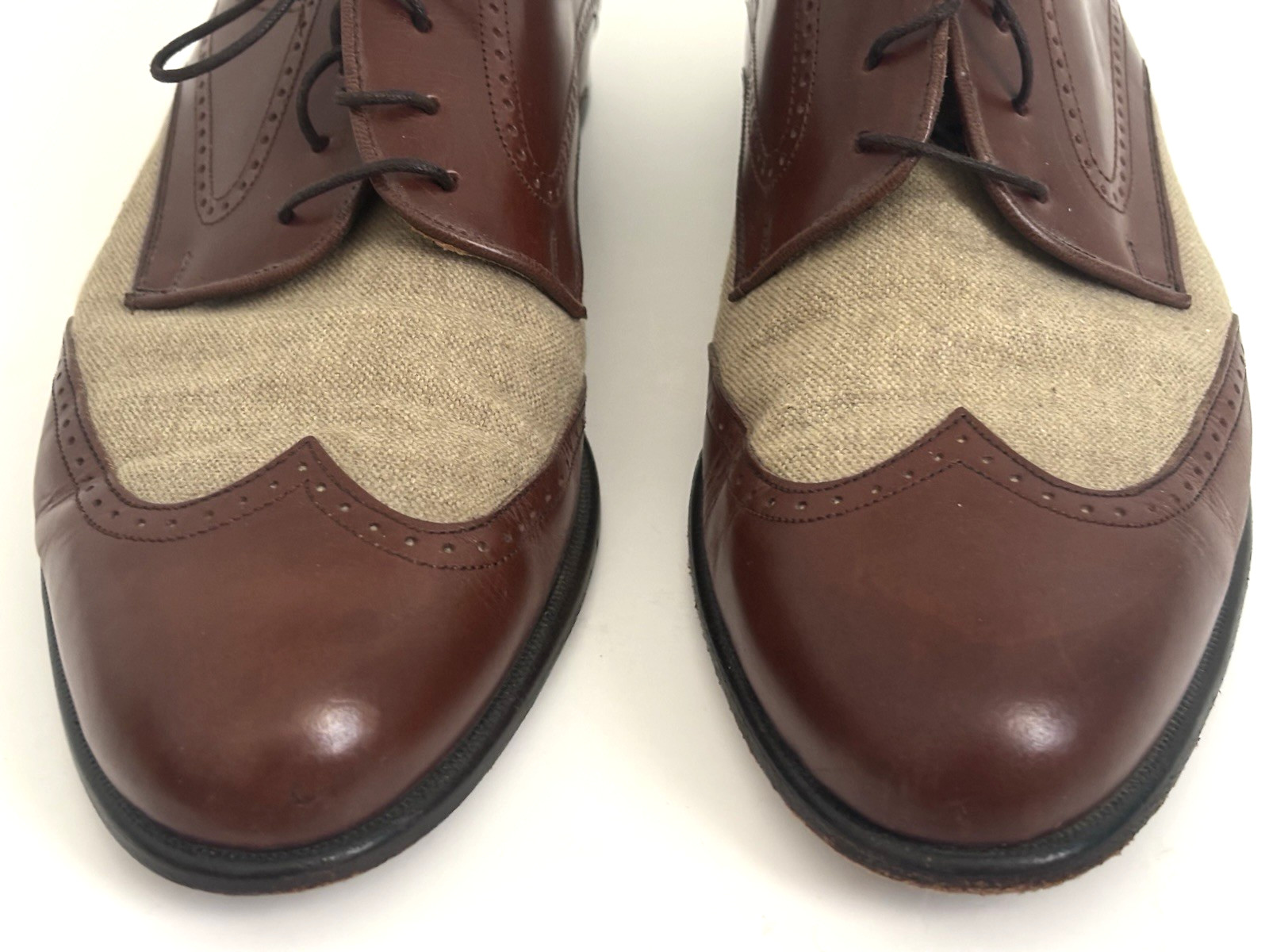 Bostonian Florentine Shoes Size 10 Brown Leather Linen Spectator Wingtip Italy