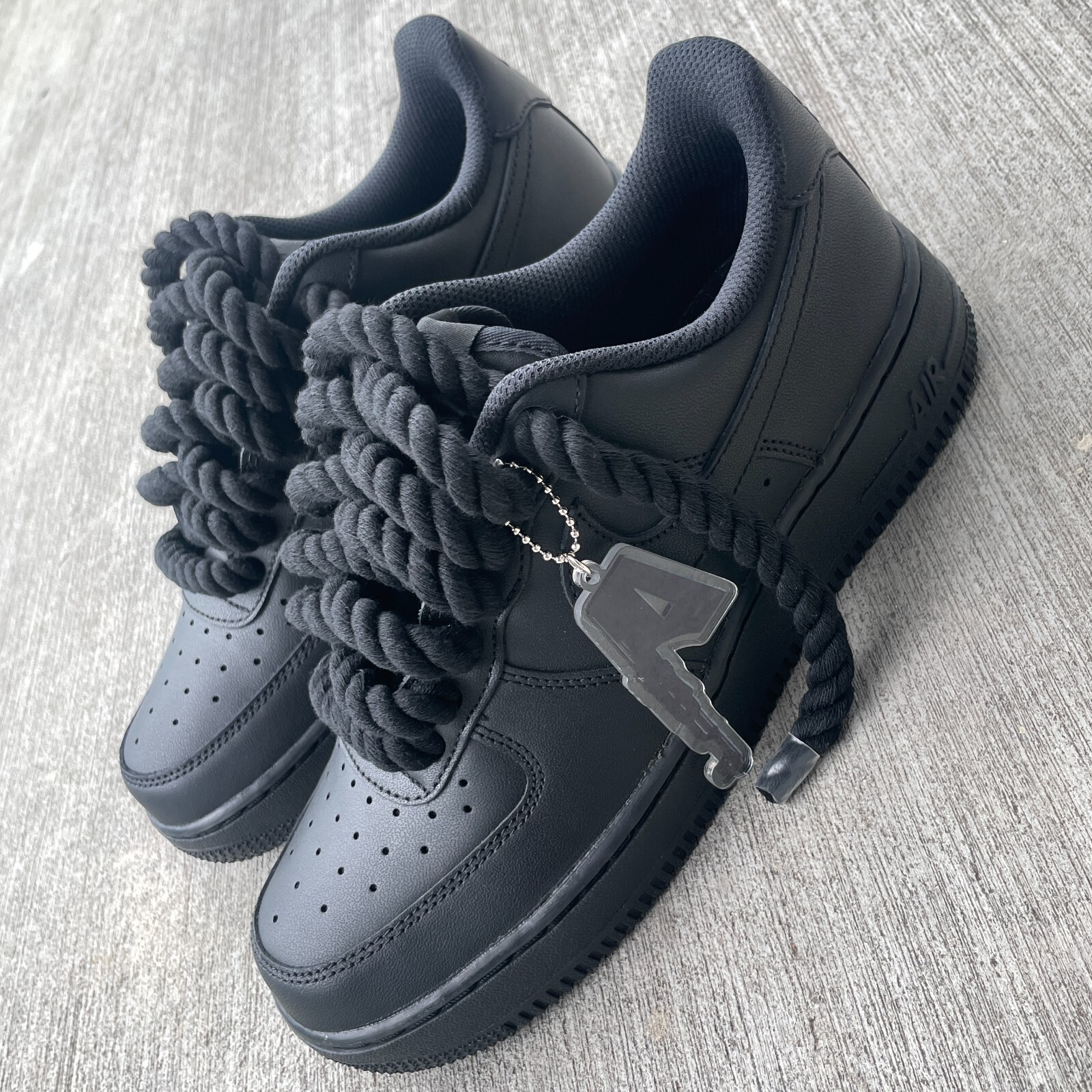 Custom Nike Air Force 1 Black with Chunky Rope Laces AF1 and Hangtag