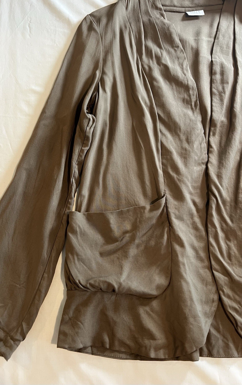 Brown/Tan Draped Long Sleeve Pockets Lightweight Kimono Top M
