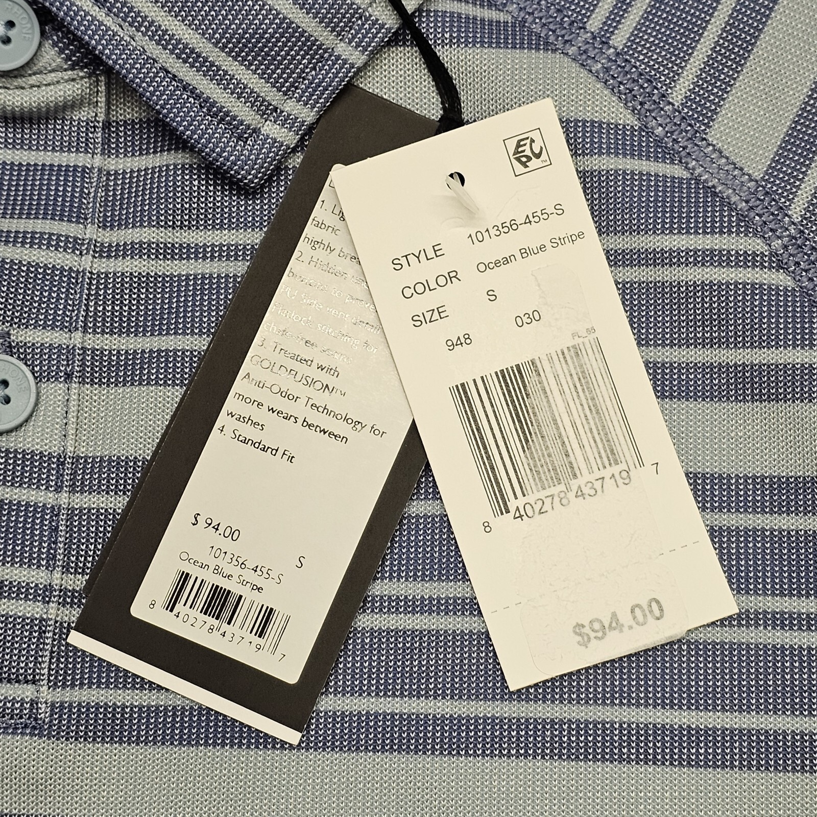 RHONE Mens Small Blue Delta Pique Stripe Polo Mesh Fabric