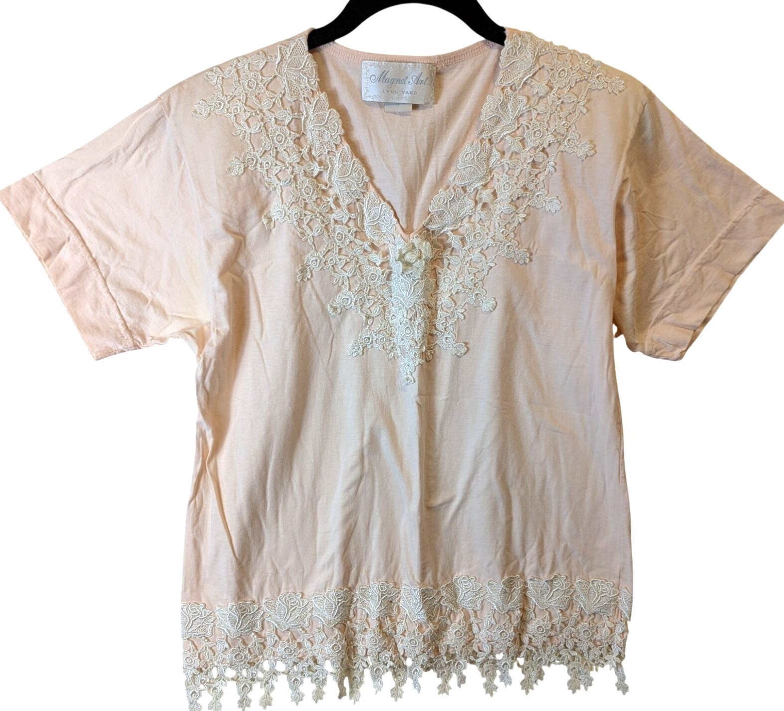 Magnet Art Lynn Yang Women Shirt Top size S Peach Lace Cotton Trim Cottagecore