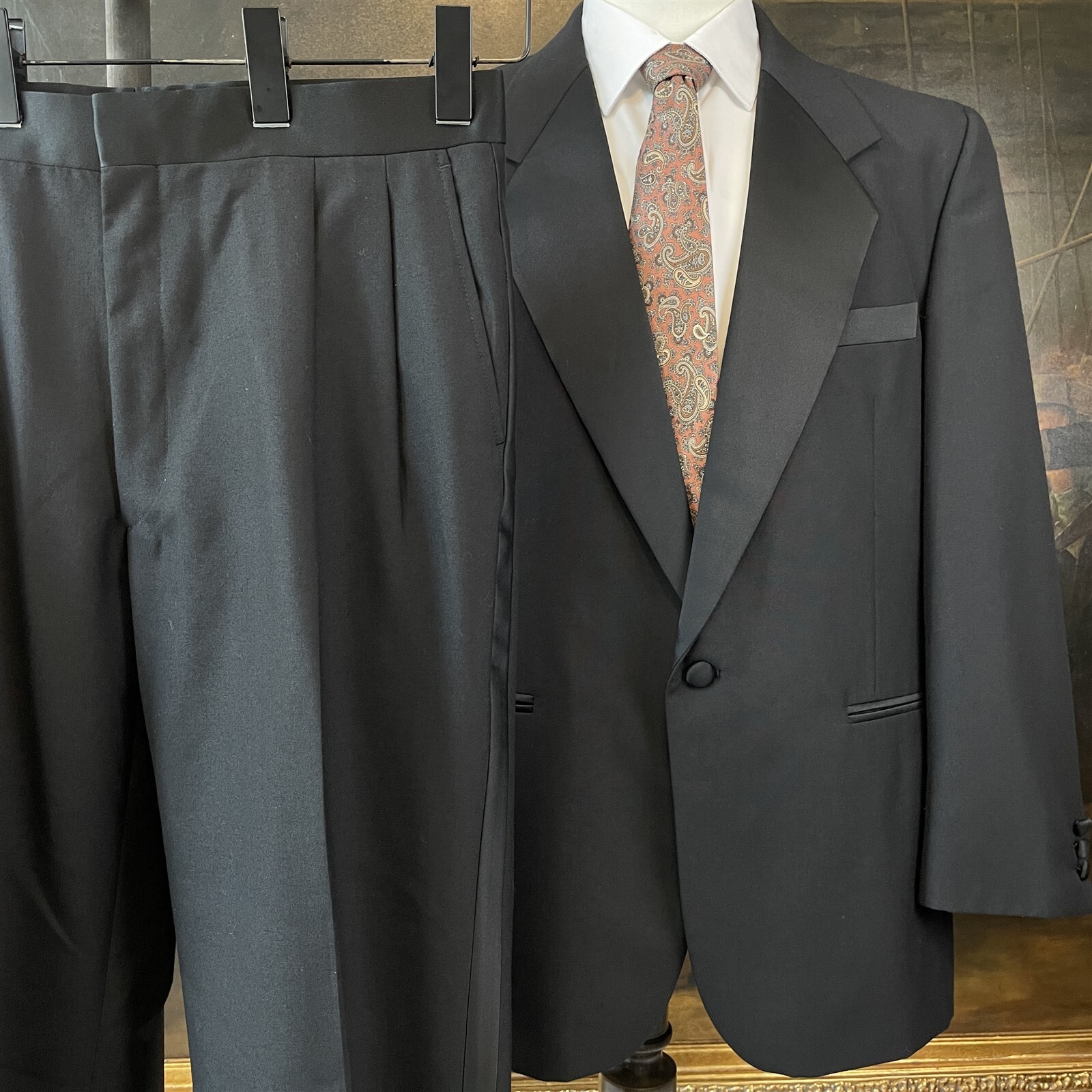 VTG Gianelli Uomo 42R 34 x 28 2Pc Black Wool Blend Hopsack 1Btn Tuxedo