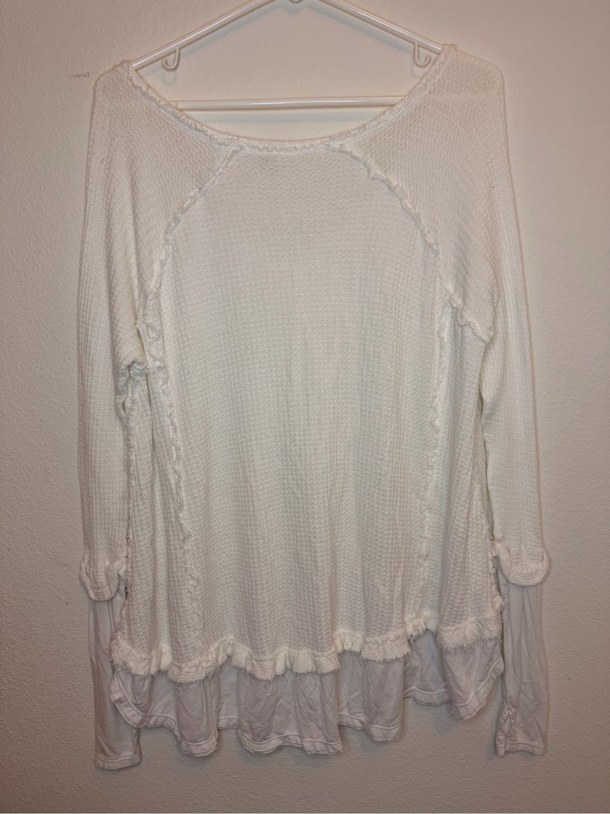 We The Free Waffle Knit V-Neck Ruffle Hem Long Sleeve Top White XS Boho