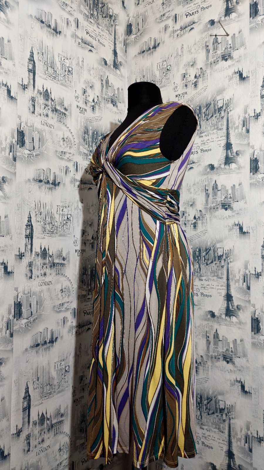 ​Max Mara Studio Vacillo Knotted Dress XL Abstract Swirl V-Neck Sleeveless Knee