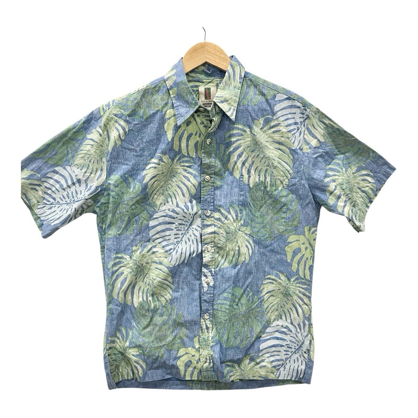 Tori Richard Hawaiian Aloha Shirt Mens M Blue Green Palm Leaf Print Cotton Lawn