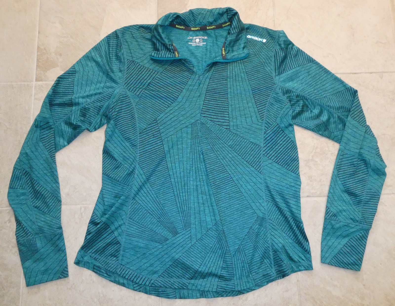 Brooks women’s teal/black striped print stretch long-sleeved base layer top Sz L