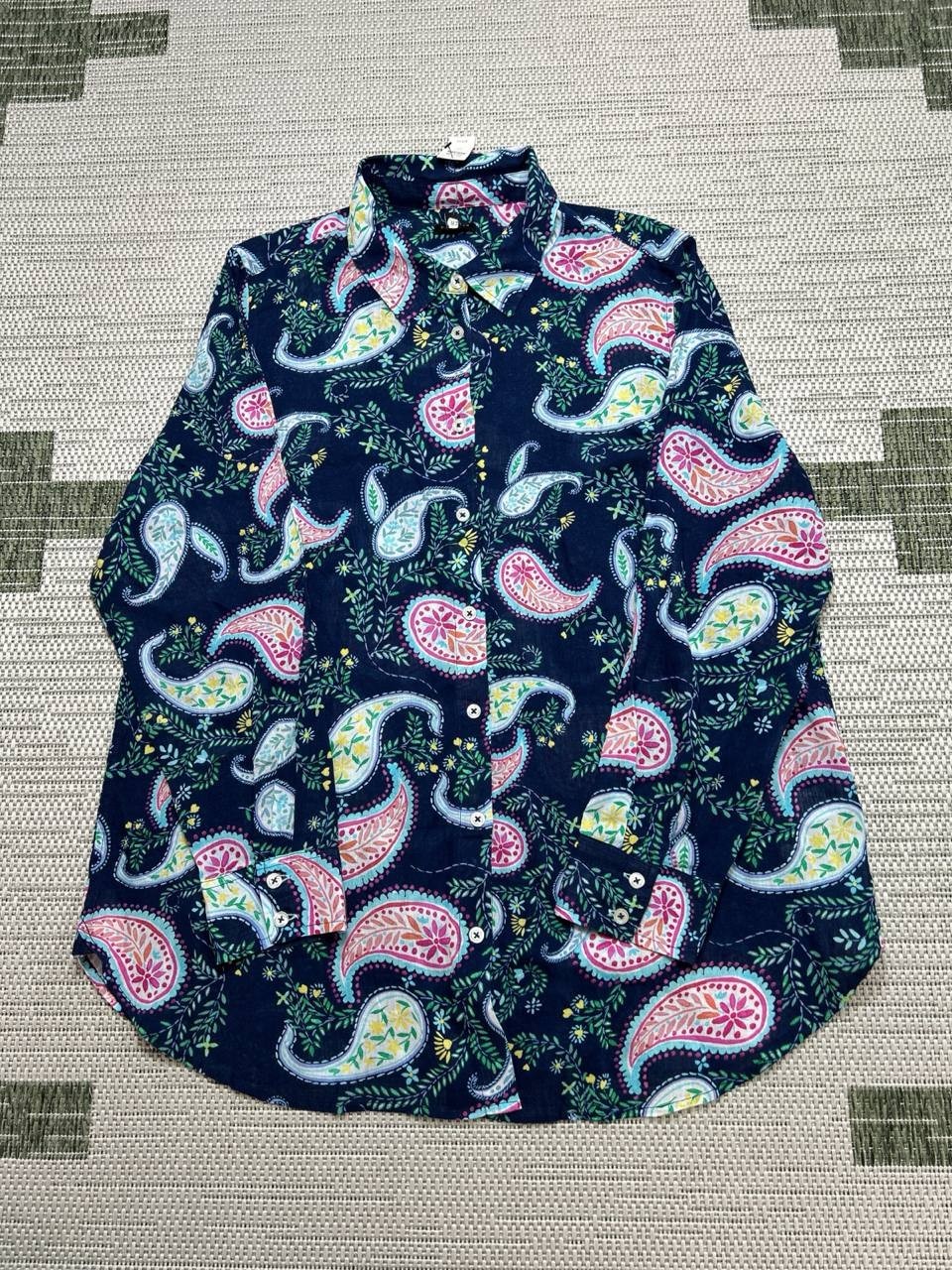 Talbots Shirt Womens 1x Blue Pink Green Paisley Cotton Button Up New