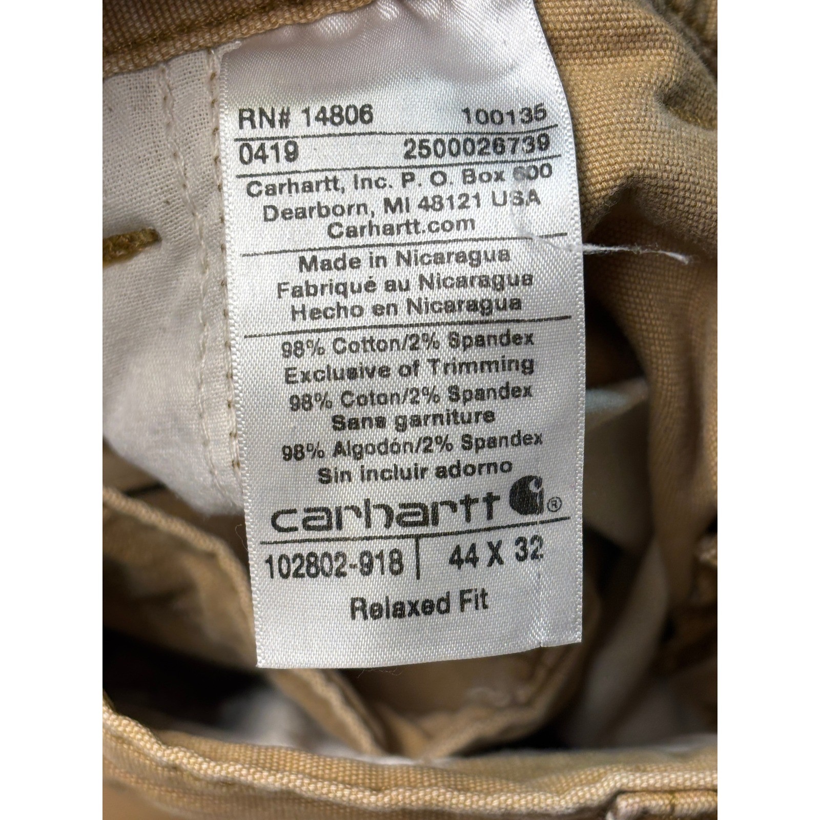 Carhartt Cotton Canvas Pants Men’s 44×32 Double Knee Front 102802-918 Brown Tan