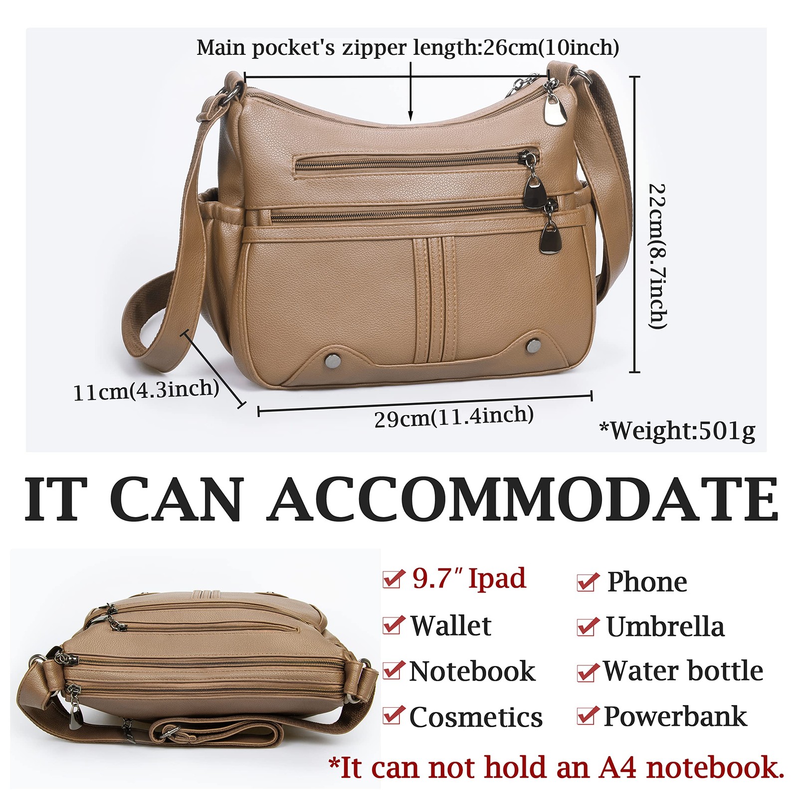 Women Soft PU Leather Shoulder Handbag Multi Pocket Crossbody Bag Ladies Medium