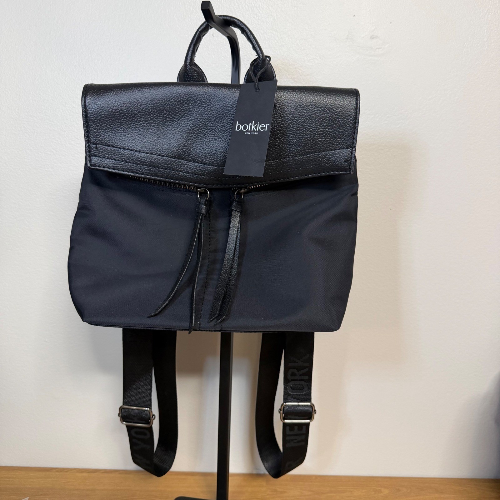 Botkier New York Trigger Black Nylon Leather Flap Backpack Logo Straps NEW