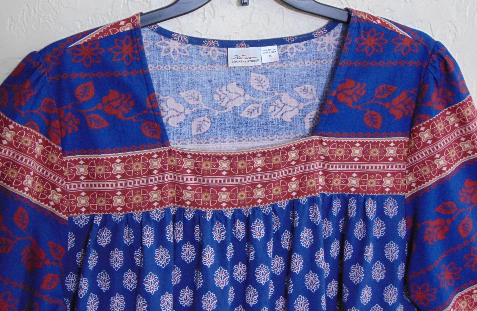 Vermont Country Store Cotton Batik Midi Dress Muumuu 1X Blue Red Tan Pockets