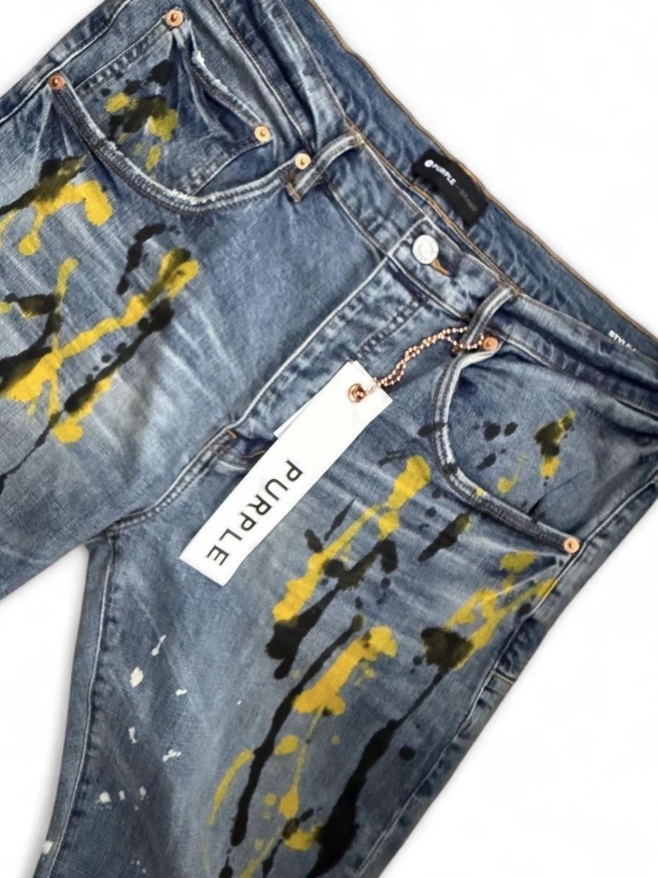 PURPLE BRAND Men’s Blue Light Wash Paint Splatter Skinny Slim Denim Jeans