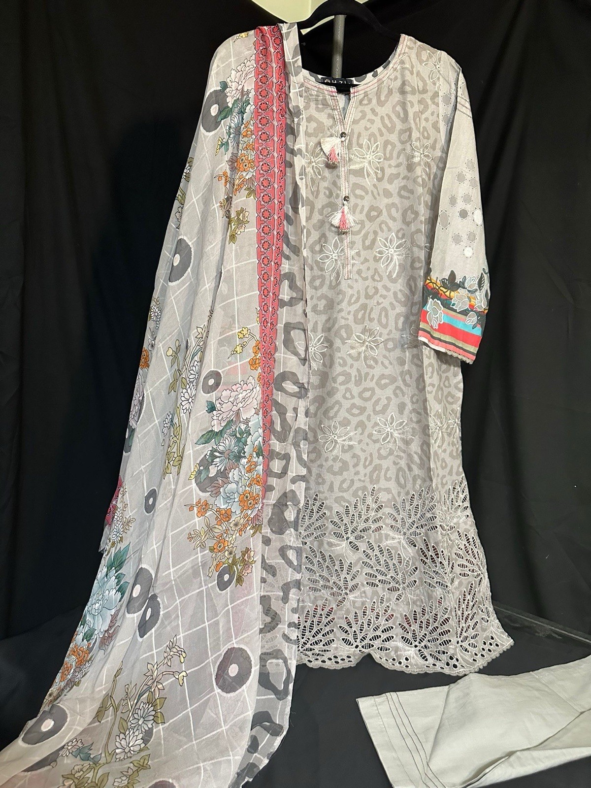 Premium H.Z Brand Emb Lawn /cotton Suit- Chiffon Dupatta – Medium & Large – $55