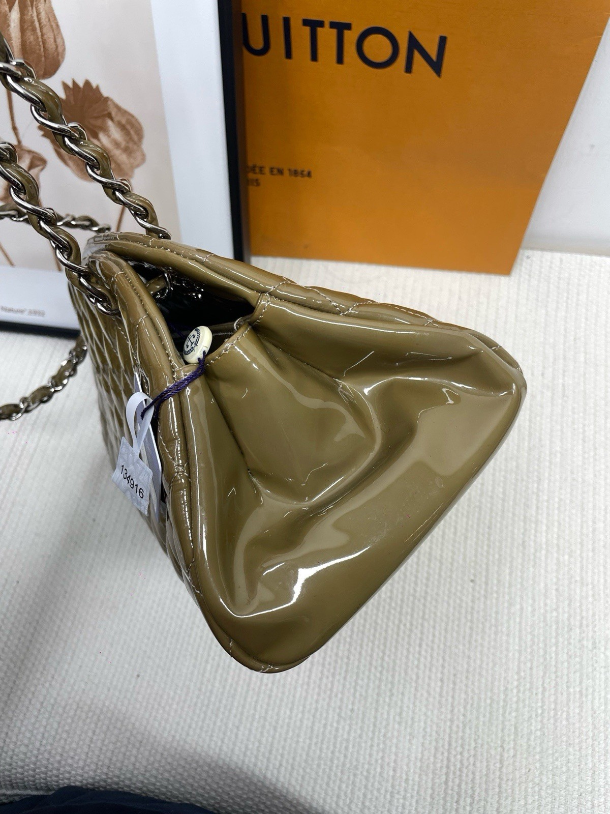Authentic Chanel Mademoiselle Khaki Patent Quilted Leather Bowling Shoulder