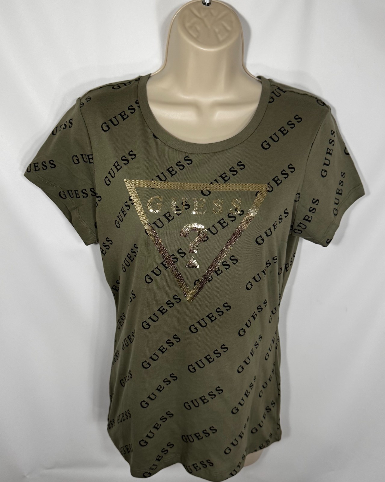 Guess Women’s Dolores All Over Print Logo Crew Tee Size Large Sand Dollar