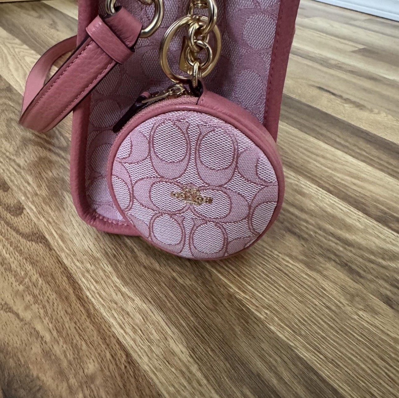 authentic pink coach dempsey 22 tote bag with pink round coin purse