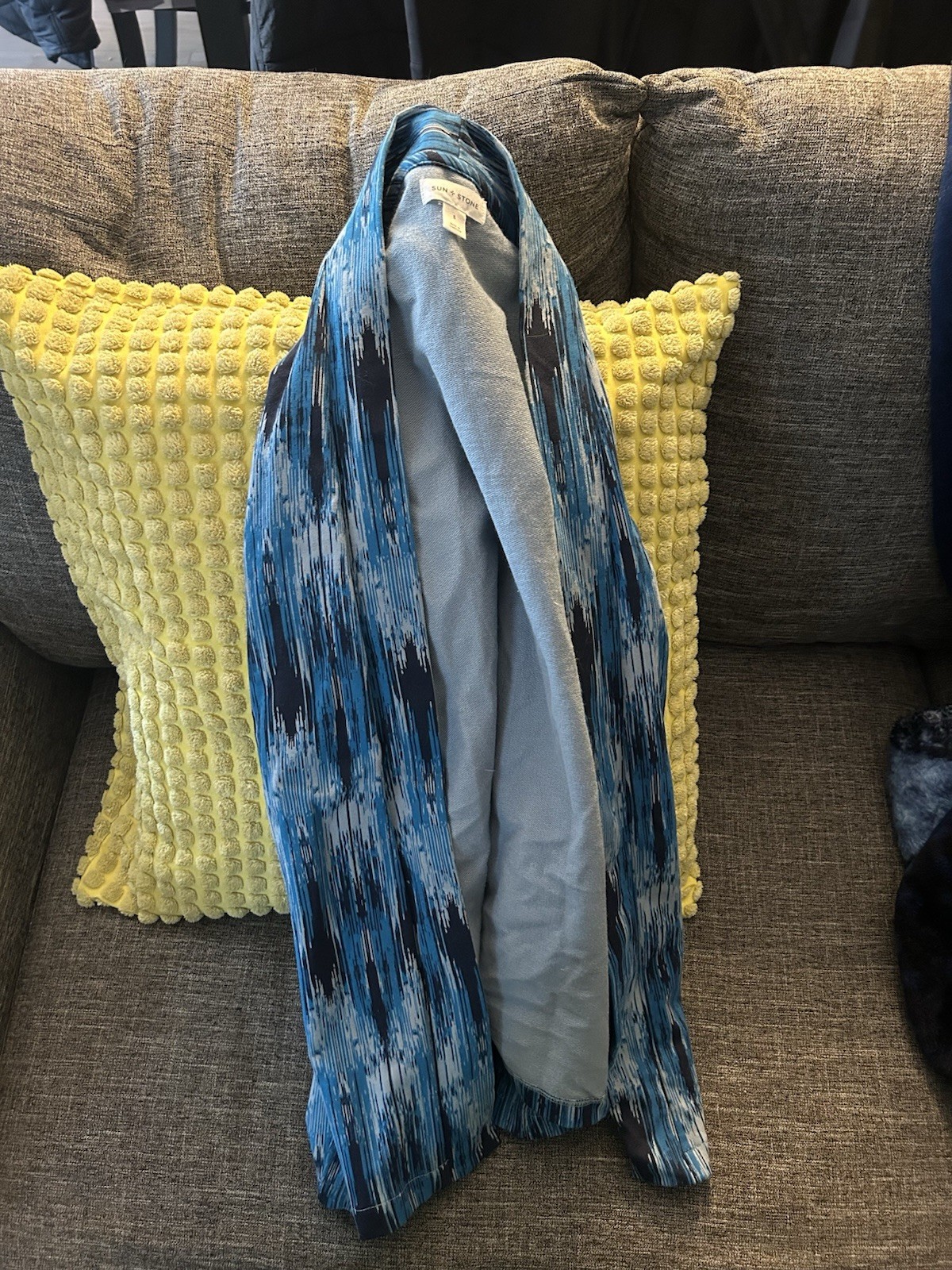 Sun + Stone Women’s Ikat Open Front Long Sleeve Knit Cardigan, S Blue