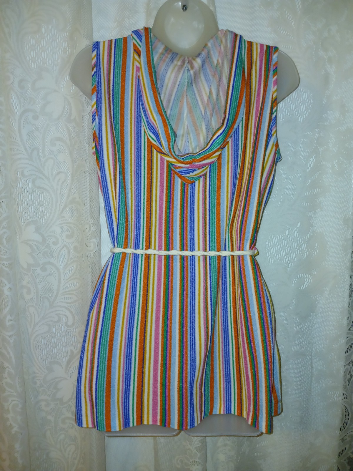Vintage 70s Terry Cloth Rainbow Stripes Hooded Swim Cover-up Robe Tex M EUC