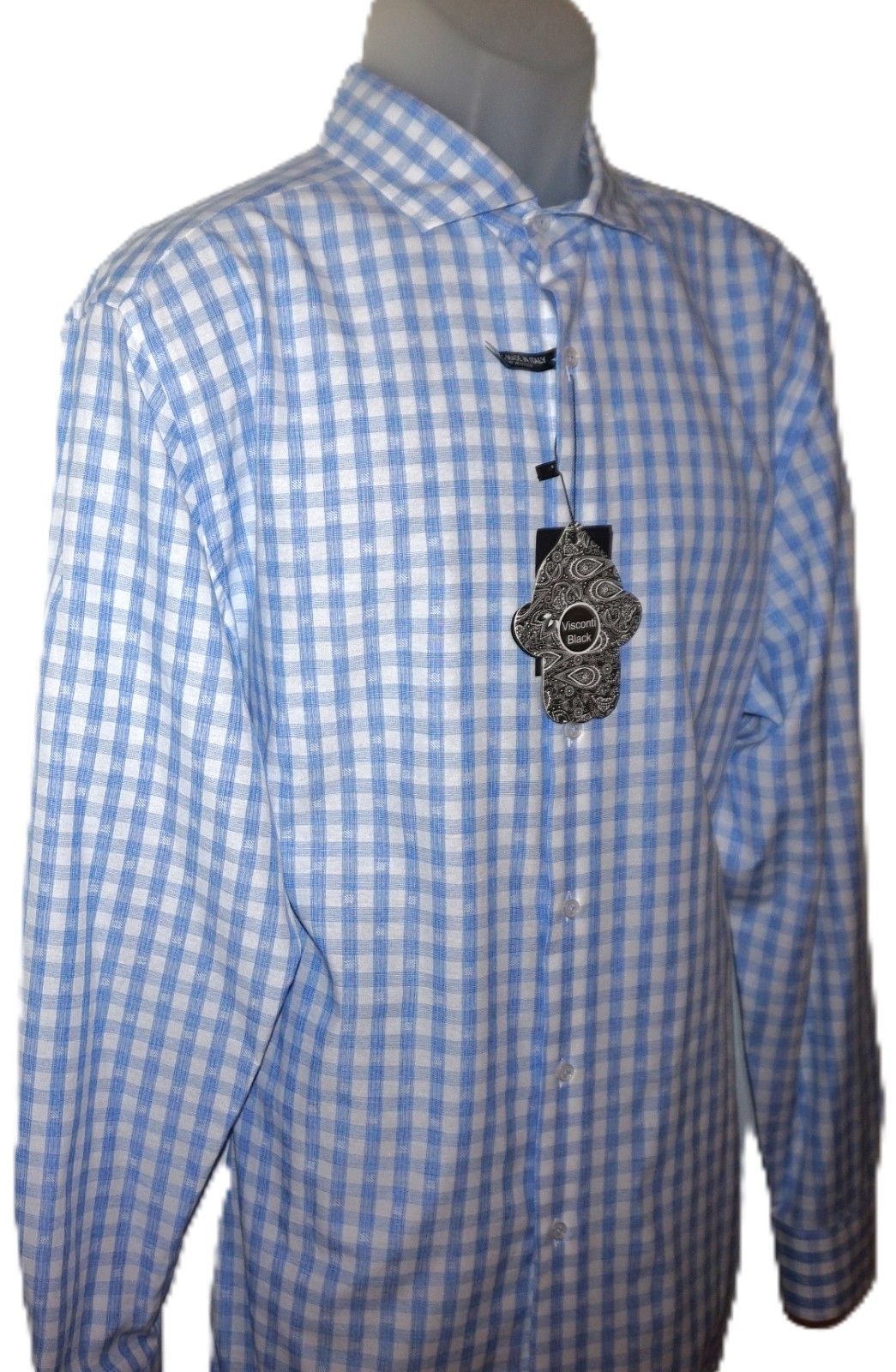 Visconti Long Sleeve Shirt XL Modern Fit Blue & White Geo Check Pattern NWT