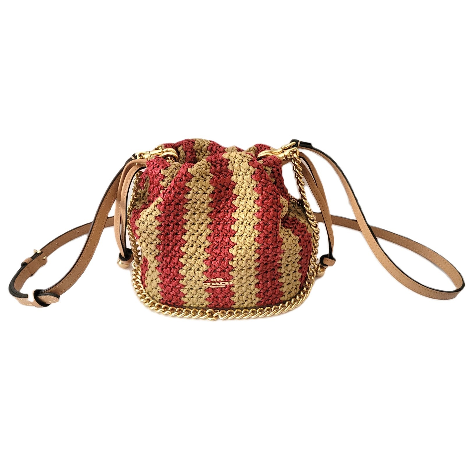 Coach CEN17 Faye Mini Drawstring Straw Crossbody Red Tan Gold Striped Handbag