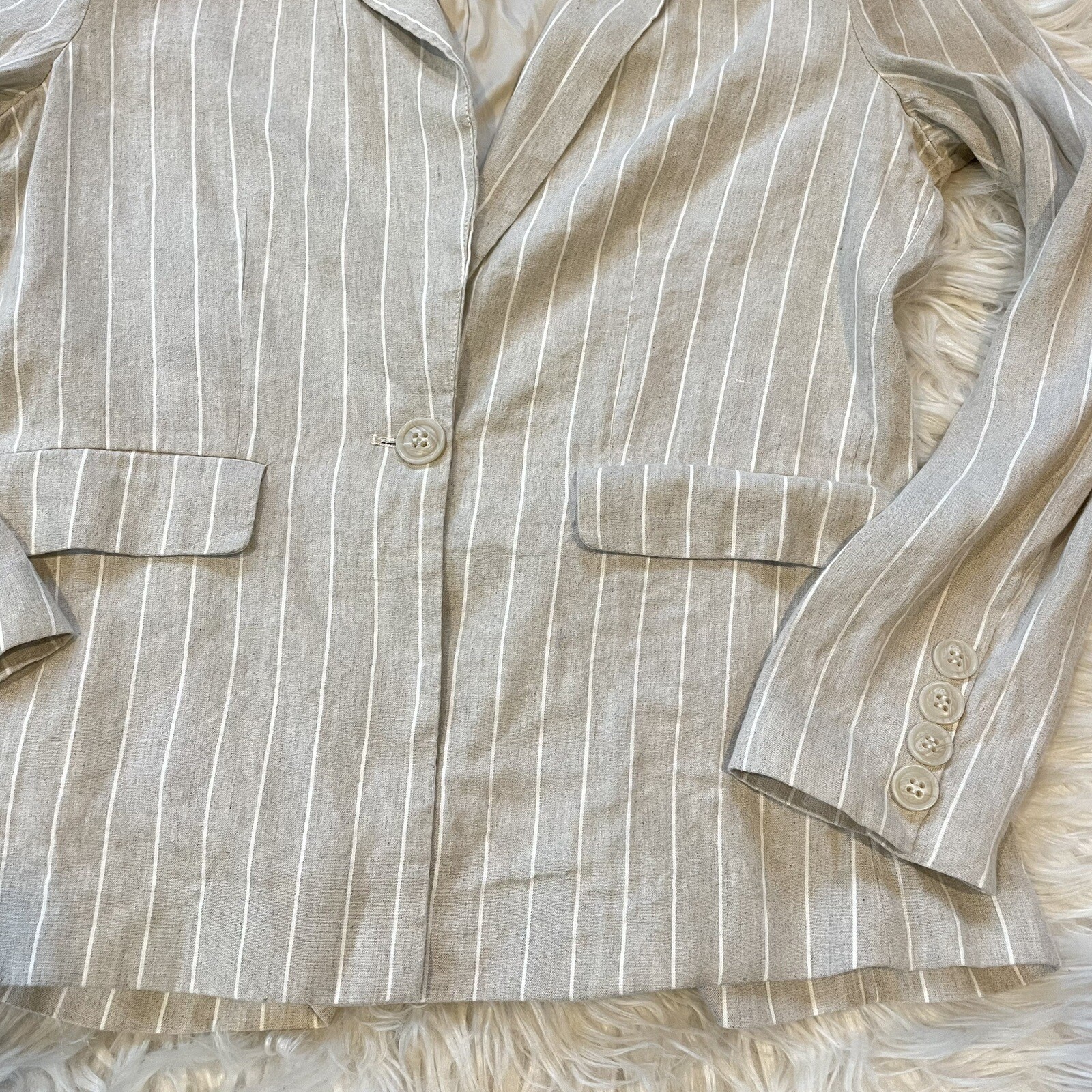 Evereve Clarkson Blazer Womens Large Linen Tan Pinstripe Office Academia Preppy