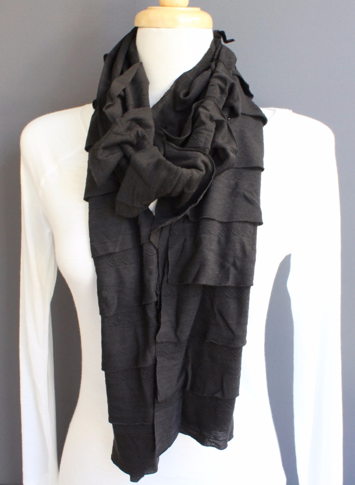 Black jersey knit fabric 72″ extra long ruffled scarf 8″ wide layered ruffles