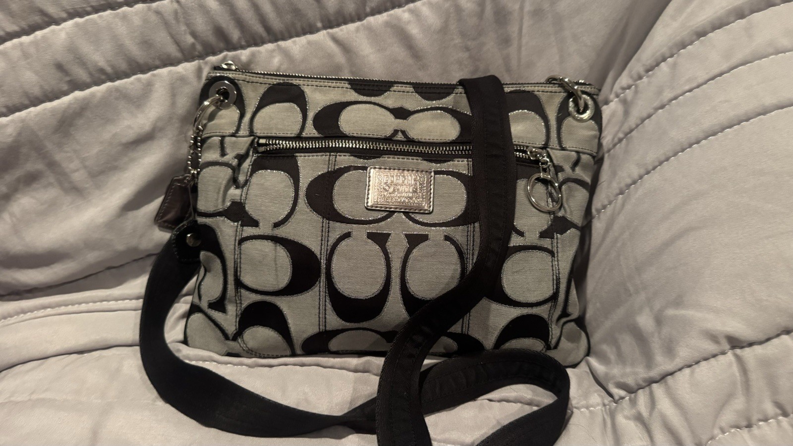 Coach Signature Logo Gray/Black Crossbody Bag Silver Hardware Purple Lining