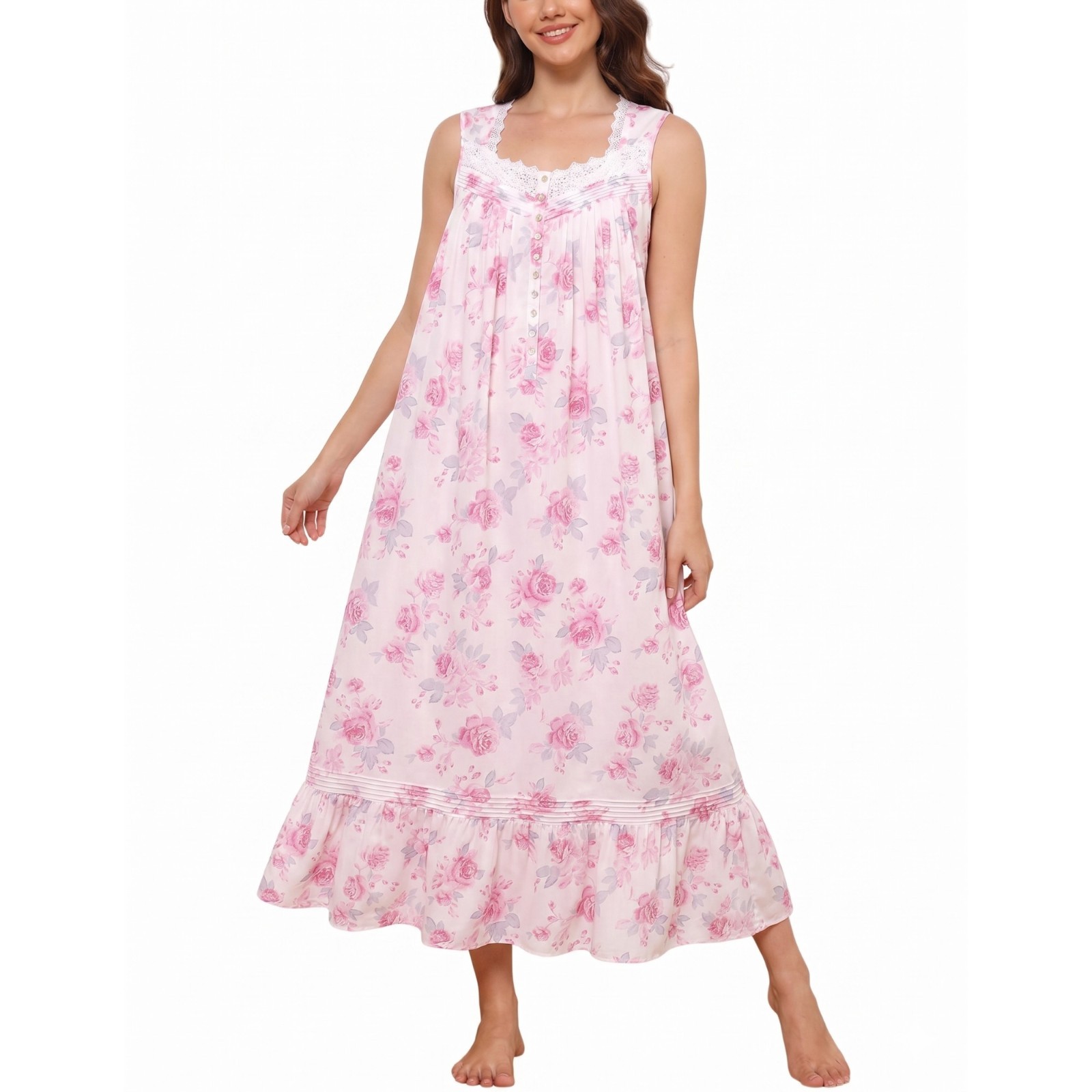 NWT Eileen Ballet Nightgown Long 100% Cotton Lawn West Pink Roses Regular, Rose