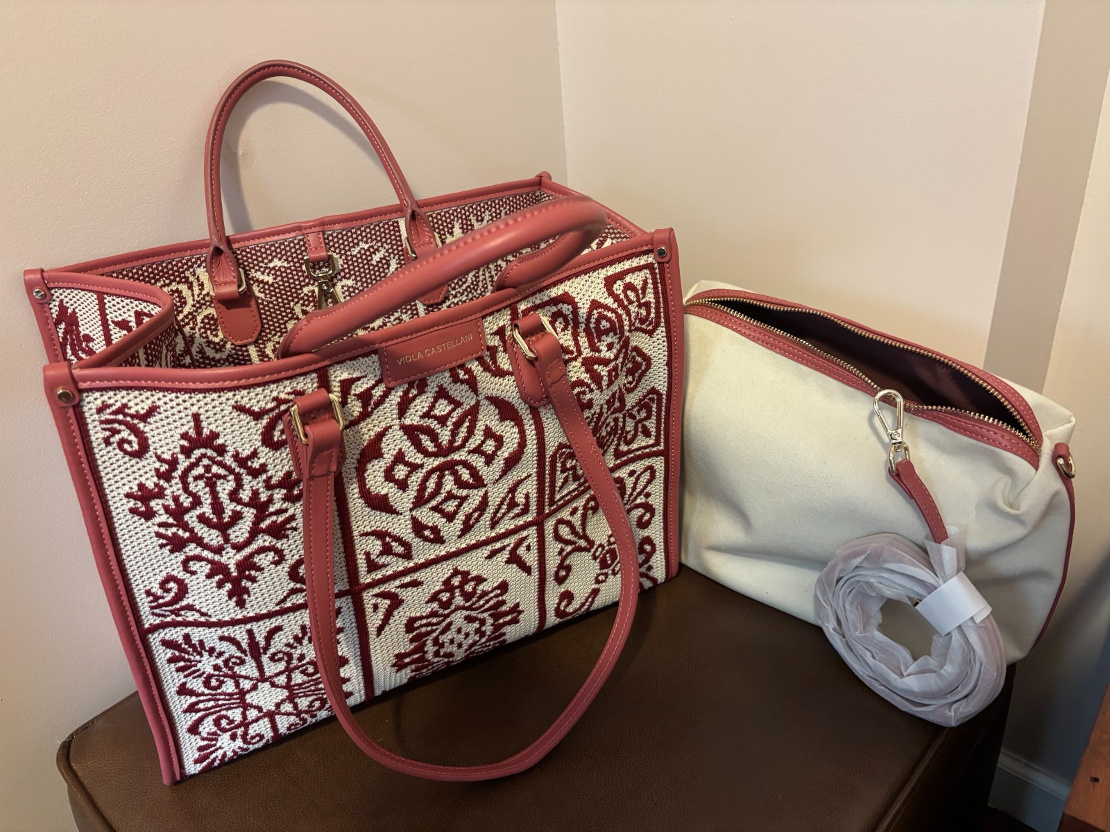 Viola Castellani Woven Fabric Leather Women Tote Shoulder Bag Burgandy Color