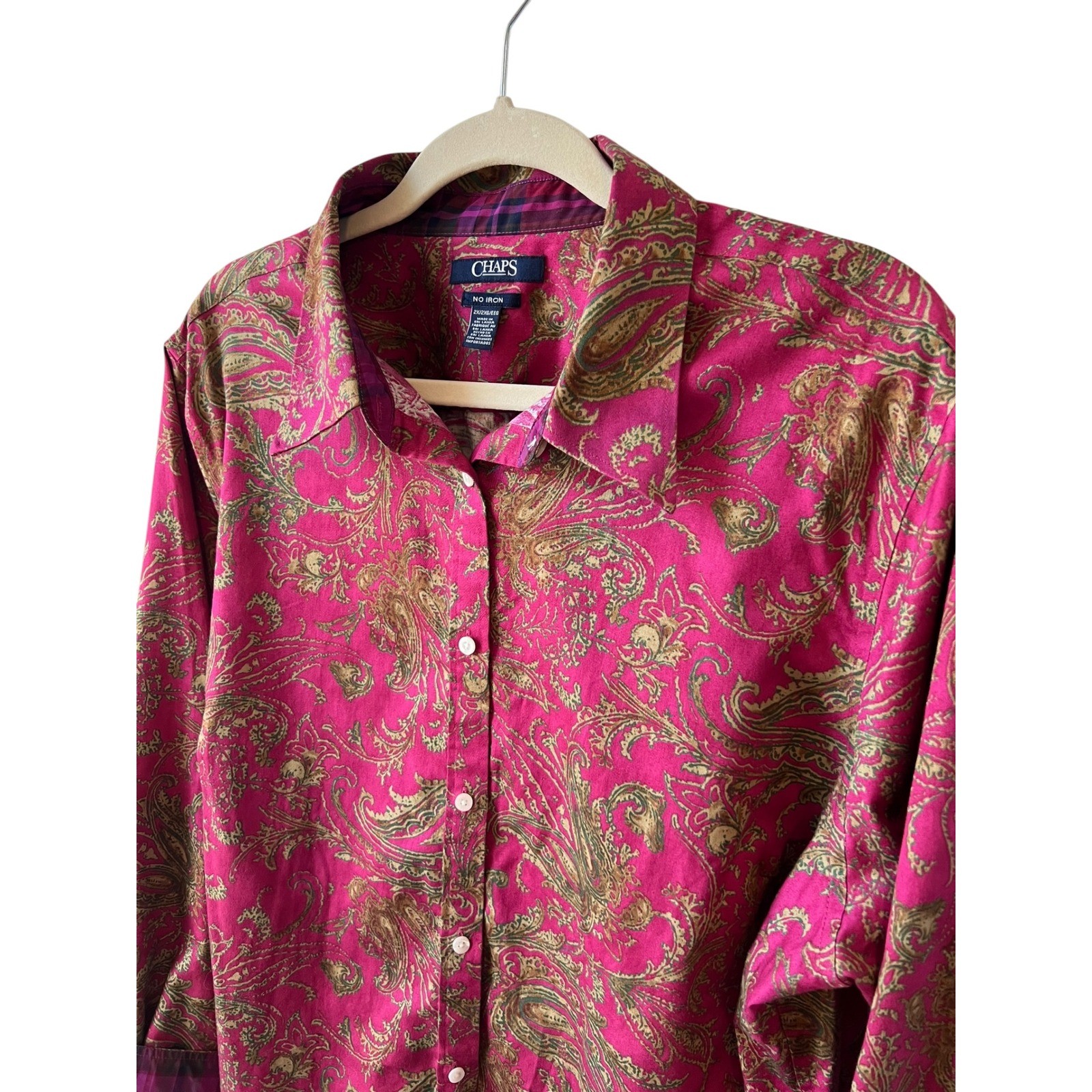 Chaps Boho Paisley Cotton Button Down Shirt Preppy No Iron Plaid Cuffs Size 2X