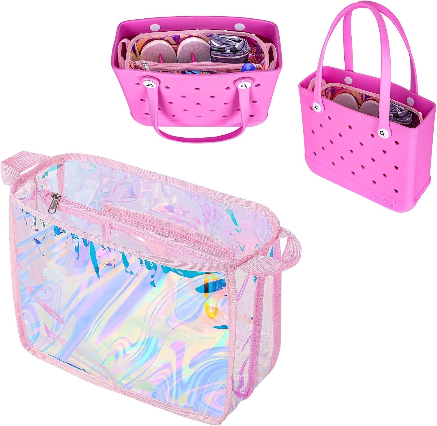 Iridescent Waterproof Beach Bag Organizer Insert for Bogg Bag – Pink 12.4×10.2in