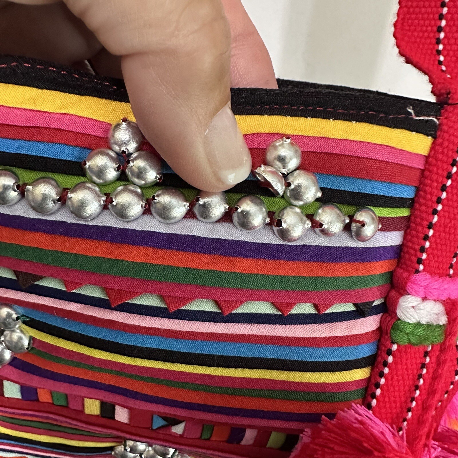 Boho Purse Shoulder Bag Pom Poms Studded Party Travel Zipper Fabric Mexico Party