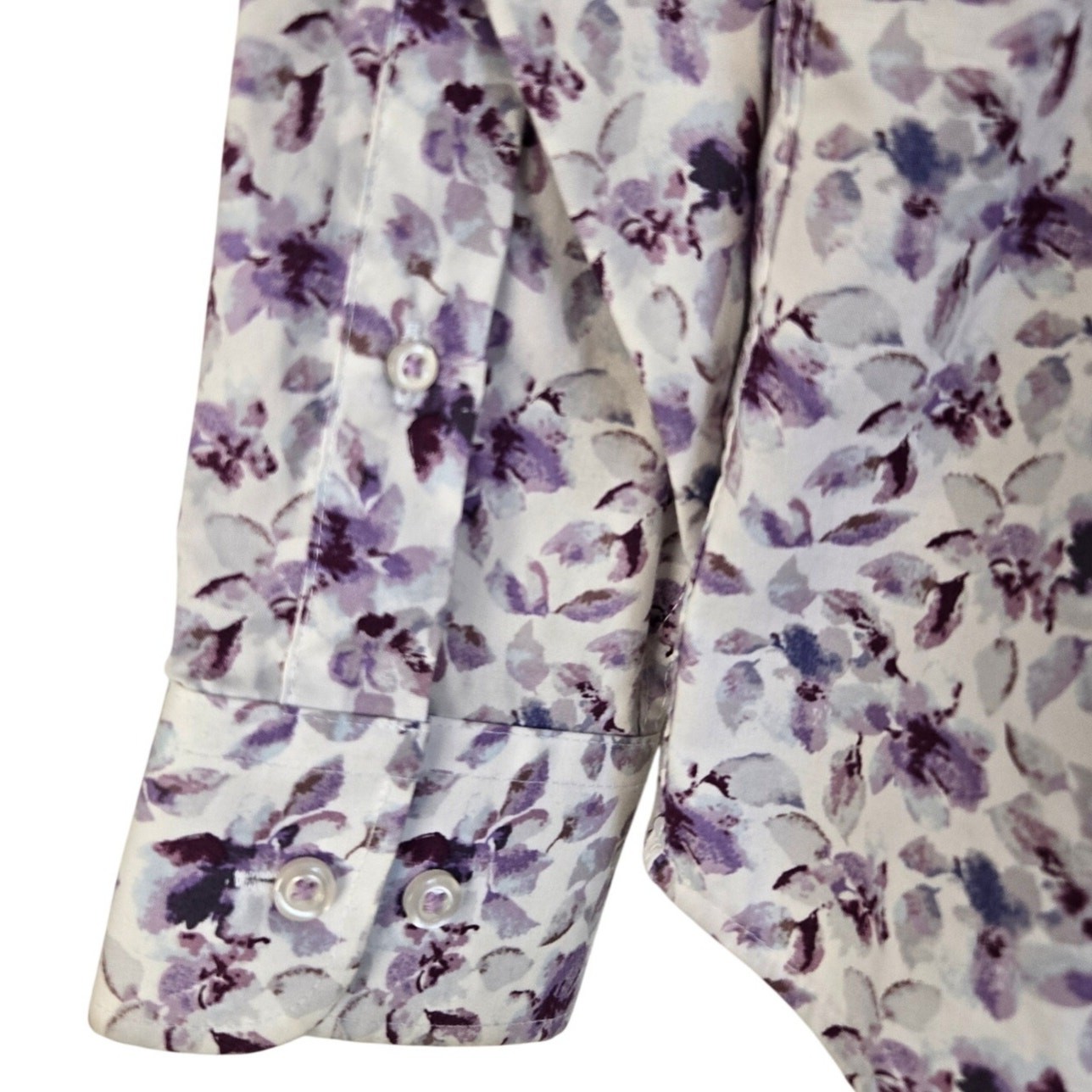 Stafford White Button Down Shirt Purple Blue Watercolor Floral Print Stretch S