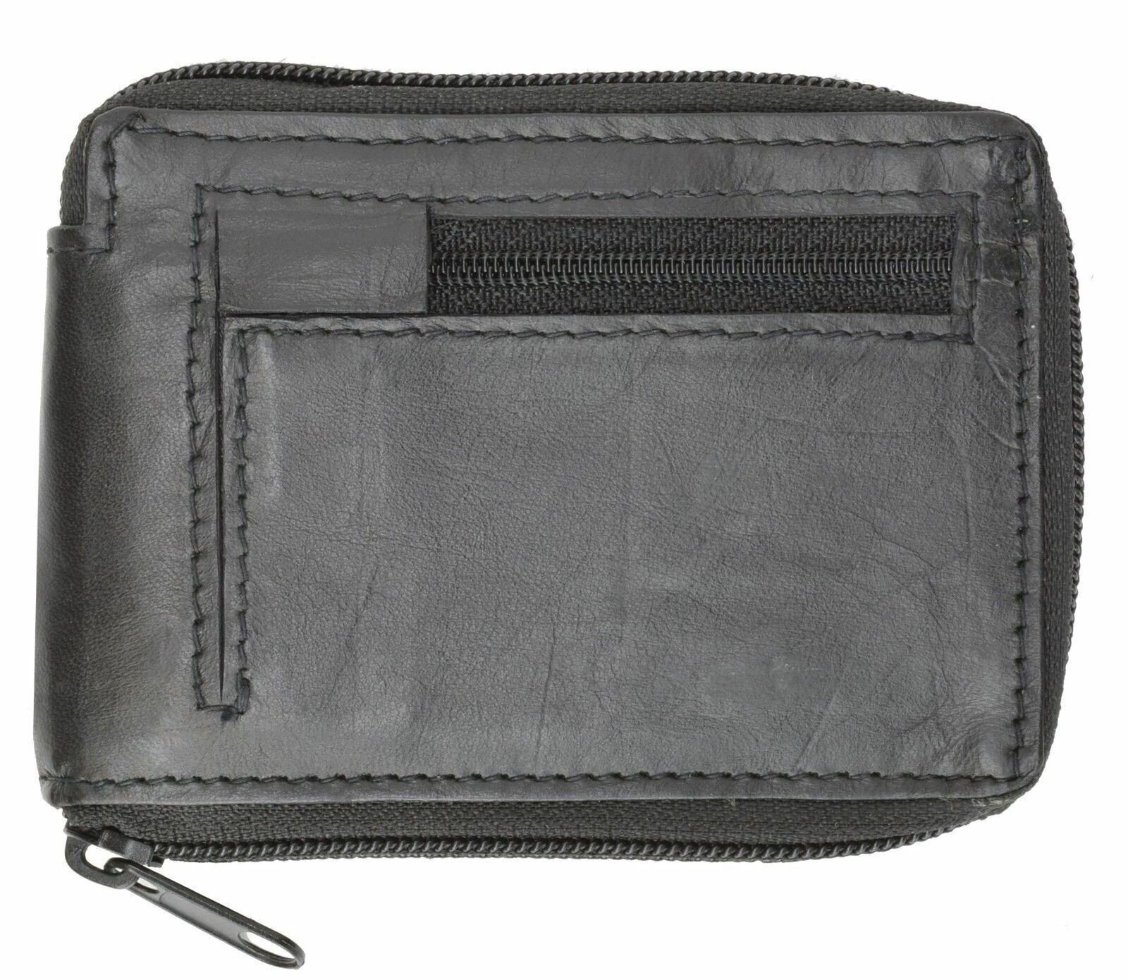 Zip Around Genuine Leather Bifold Card Holder Wallet W/Outside Zipper Pocket