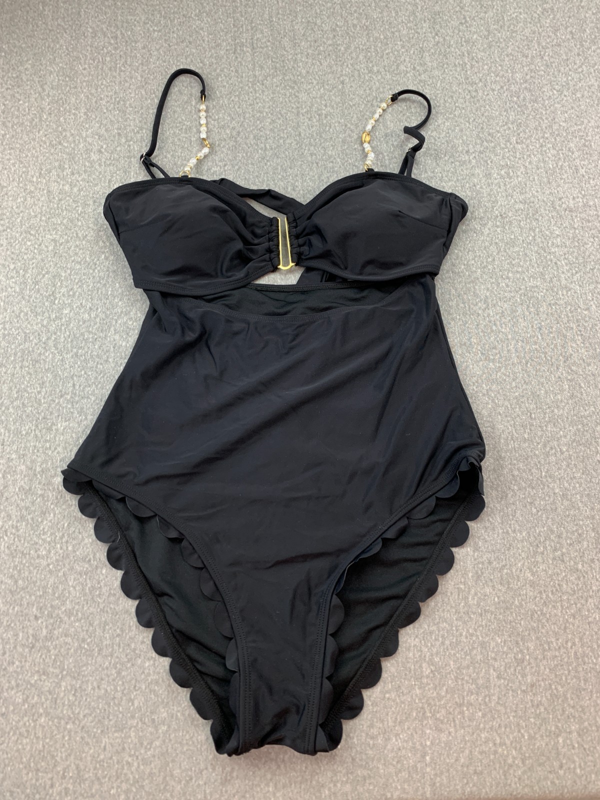 Glam Style Scallop 1 PC Swimsuit Women L Black Cut Out Pearl Accent Rich Look
