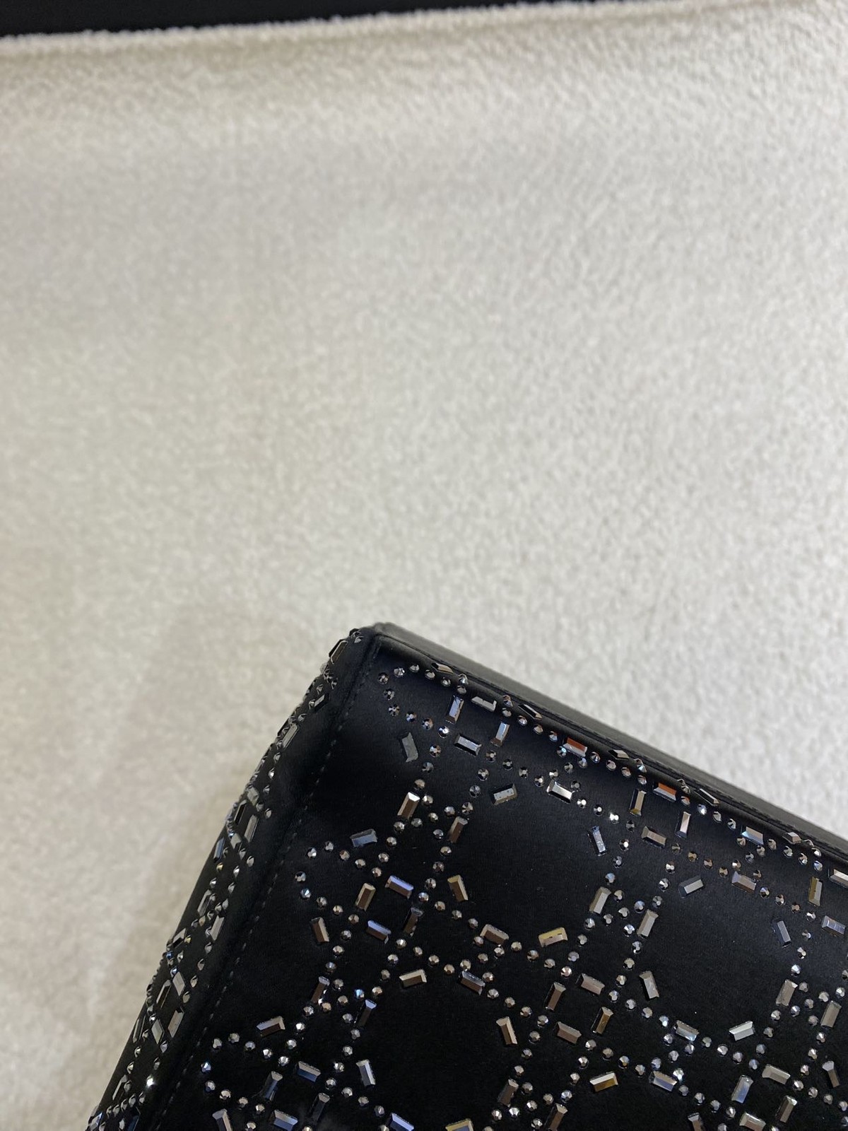 Dior Lady Dior Mini Black Satin Rhinestone 3-Grid Top Handle Bag Duty Paid