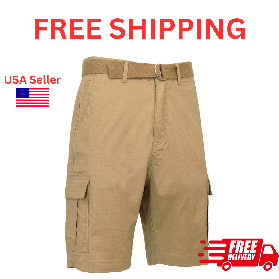Men’s Cargo Shorts Stretch Lightweight Cotton Twill Multi Pockets Belted Short