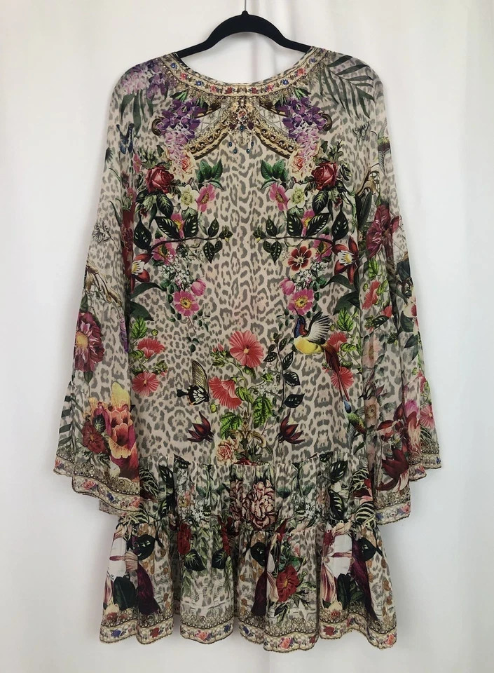 Camilla M/L 12 LEOS BOUQUET A-Line Gathered Panel Dress Short Silk Crystals $699